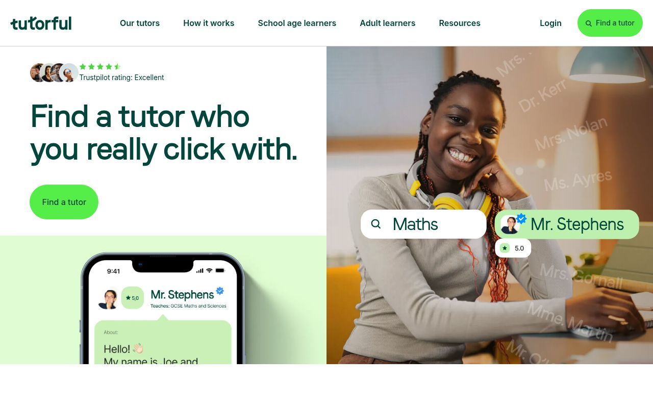 Homepage screenshot of tutorful.co.uk