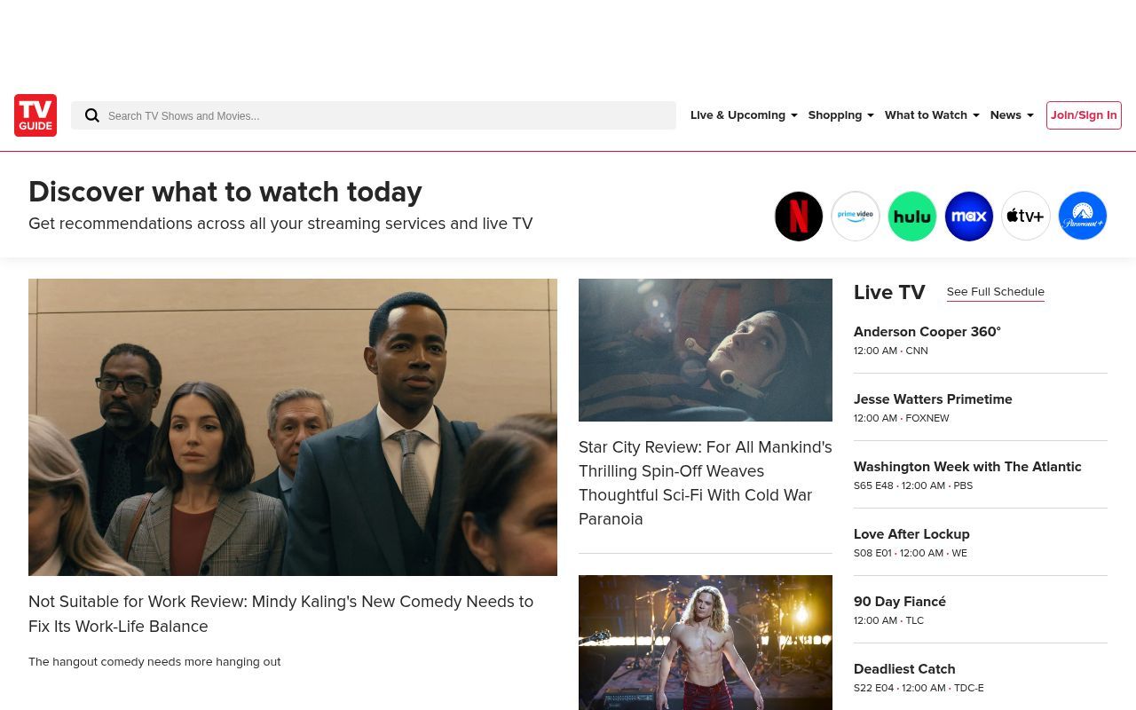 Homepage screenshot of tvguide.com
