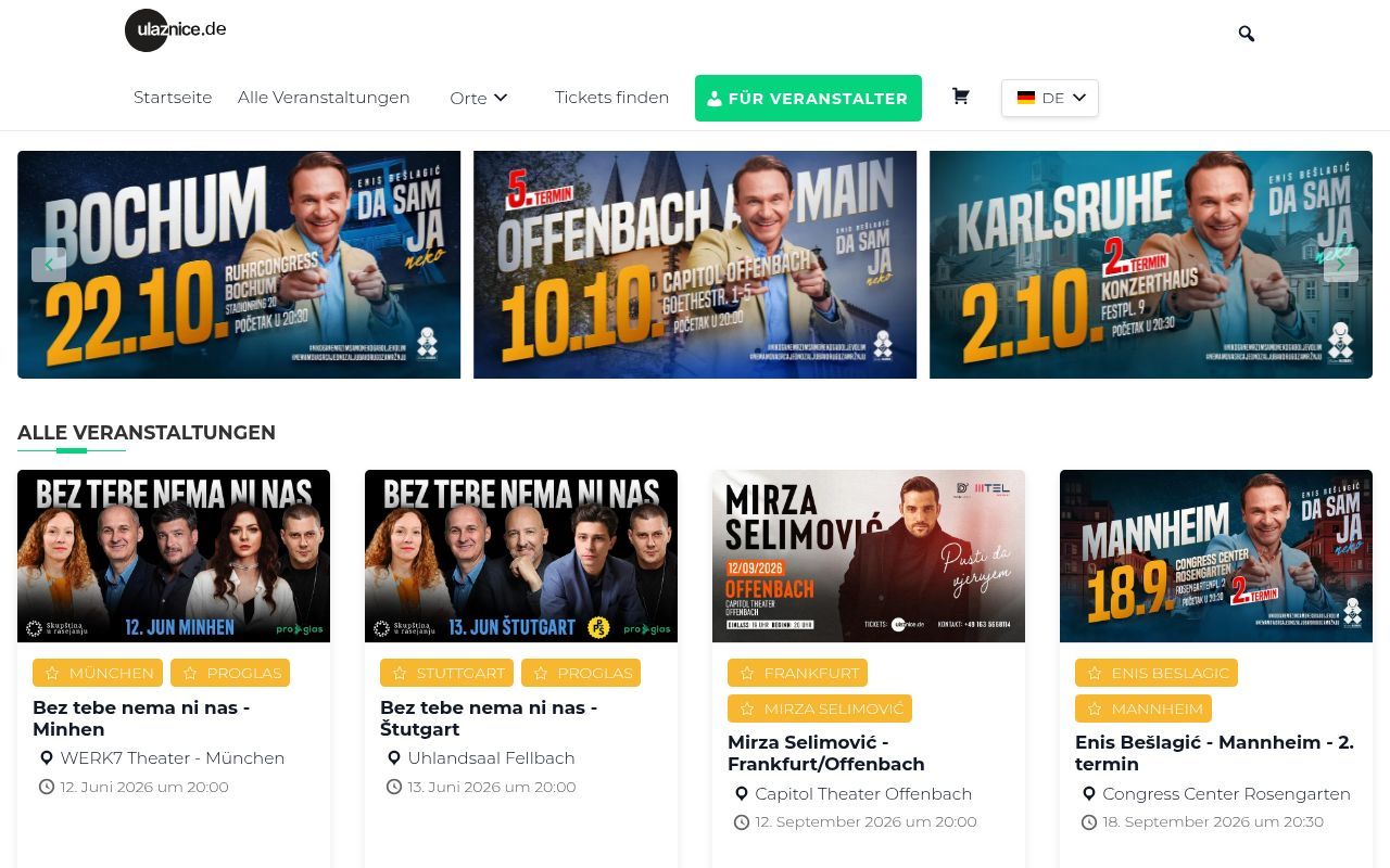 Homepage screenshot of ulaznice.de