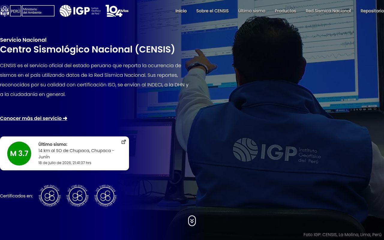 Homepage screenshot of ultimosismo.igp.gob.pe