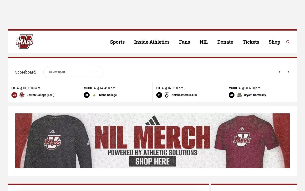 Homepage screenshot of umassathletics.com