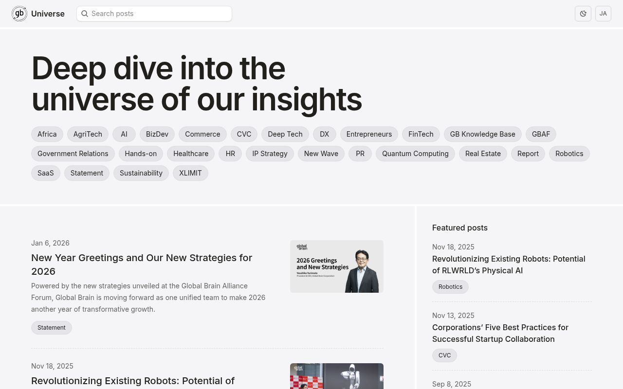 Homepage screenshot of universe.globalbrains.com