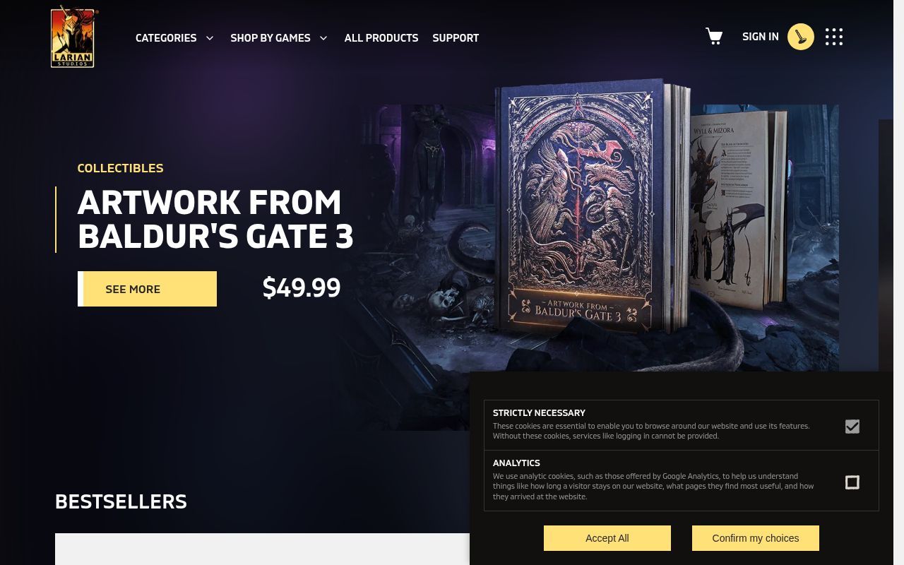 Homepage screenshot of us.merch.larian.com