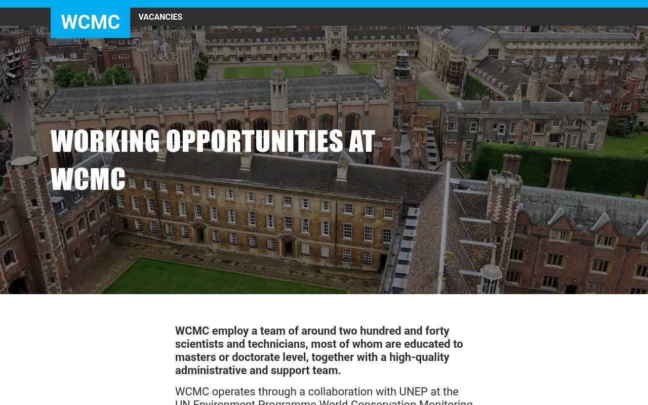 Homepage screenshot of vacancies.wcmc.org.uk