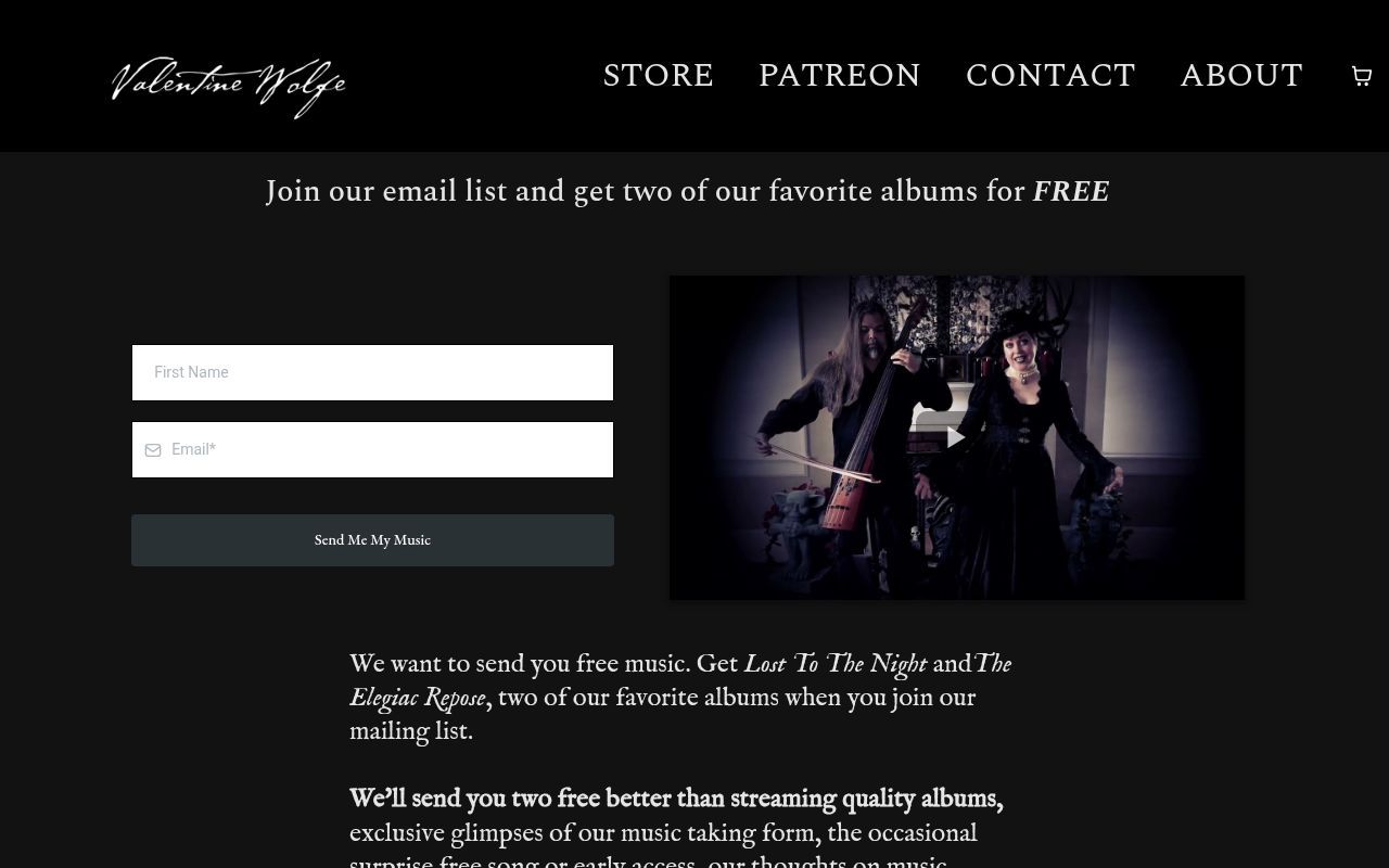 Homepage screenshot of valentinewolfe.com
