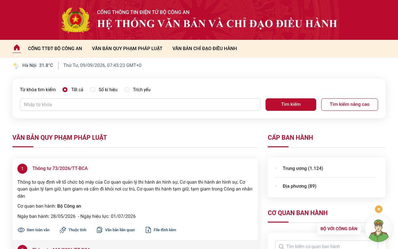 Homepage screenshot of vanban.bocongan.gov.vn