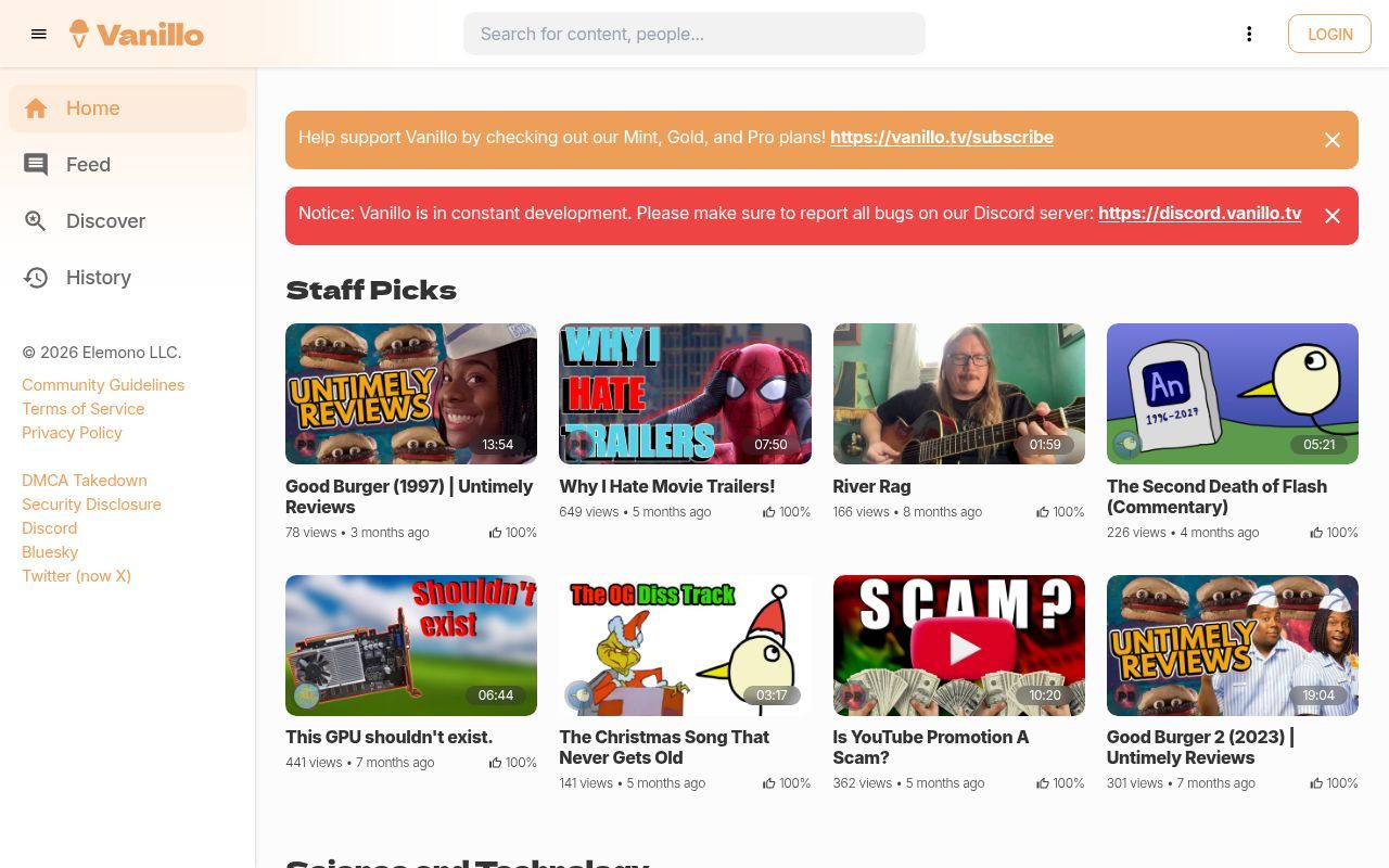 Homepage screenshot of vanillo.tv