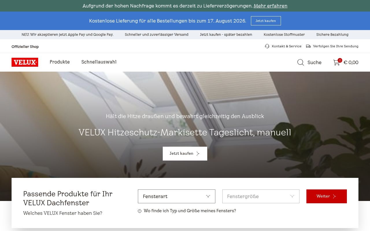 Homepage screenshot of veluxshop.at