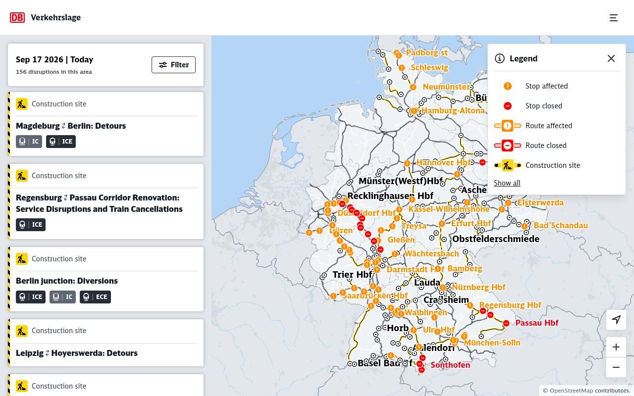 Homepage screenshot of verkehrslage.bahnhof.de