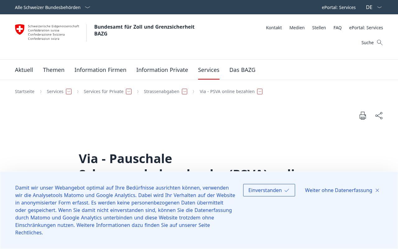 Homepage screenshot of via.admin.ch