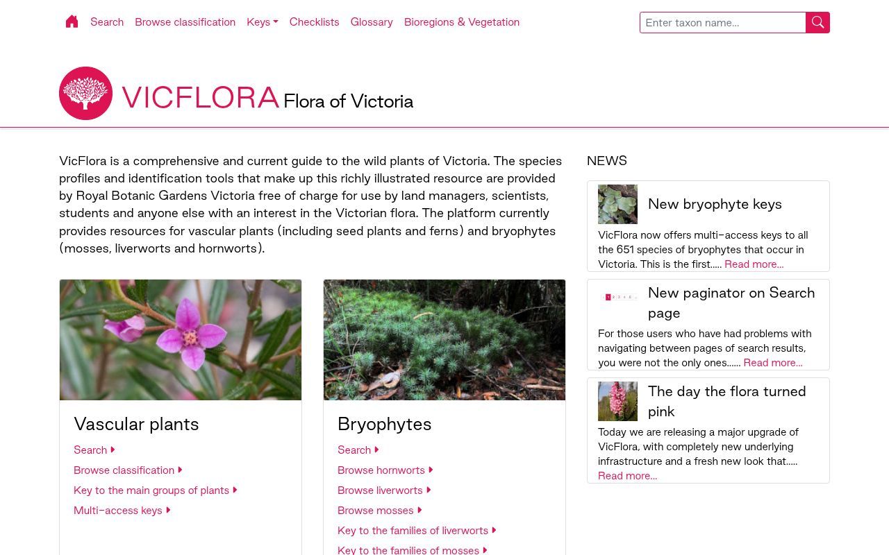 Homepage screenshot of vicflora.rbg.vic.gov.au