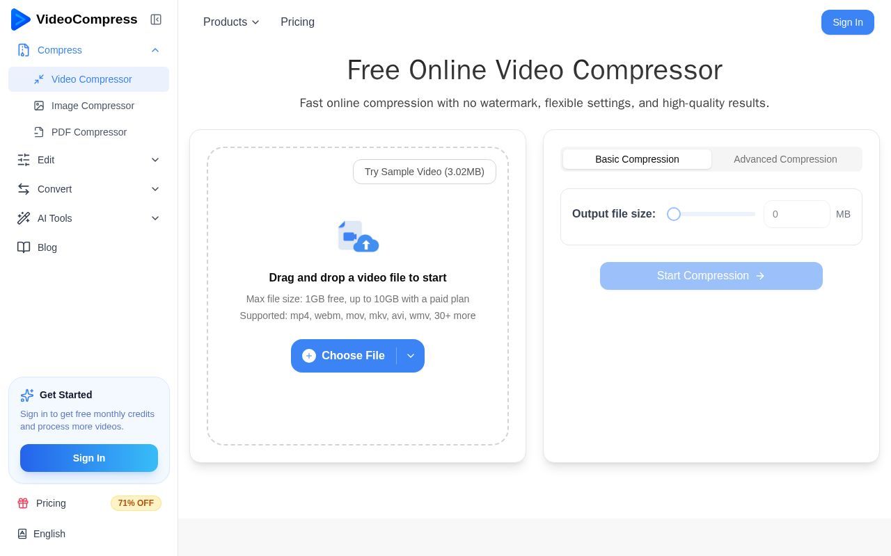 Homepage screenshot of videocompress.ai