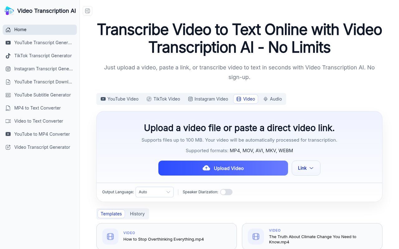 Homepage screenshot of videotranscription.ai