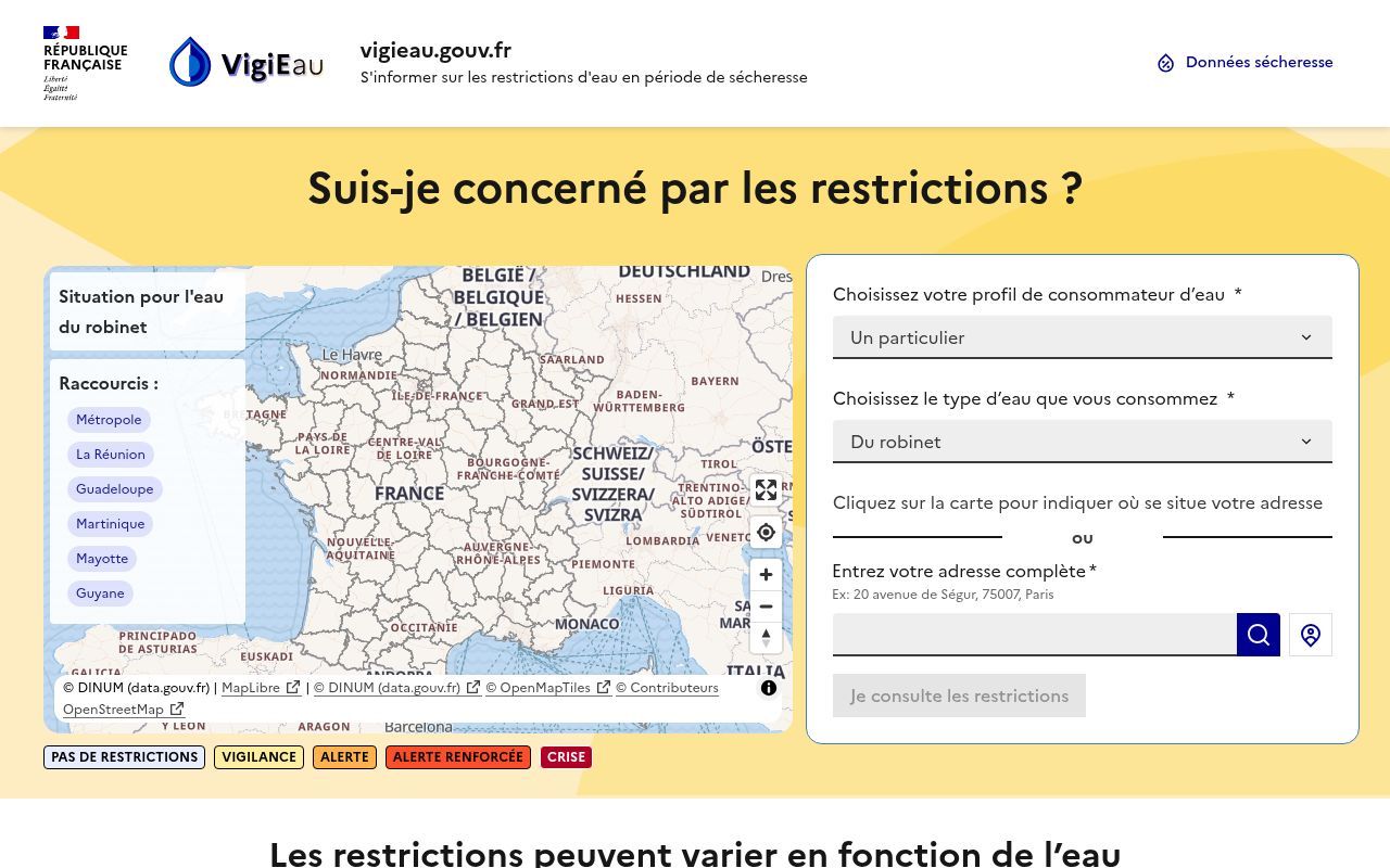 Homepage screenshot of vigieau.gouv.fr