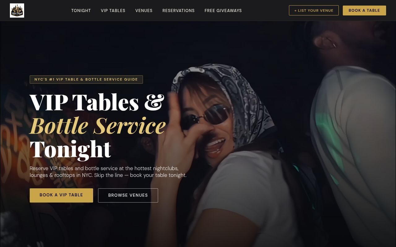 Homepage screenshot of viptablestonight.com