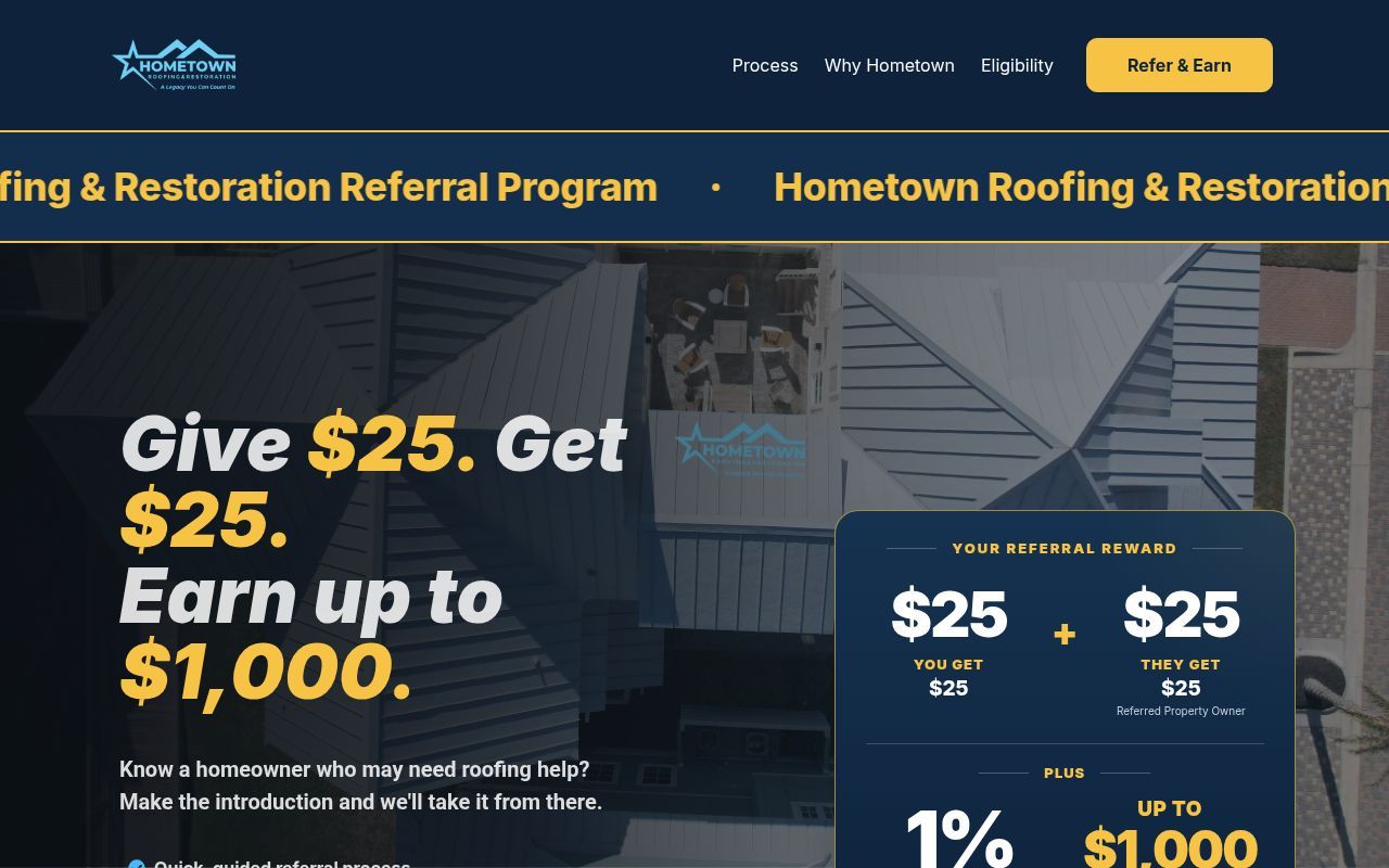 Homepage screenshot of visit.hometownroofingtx.com