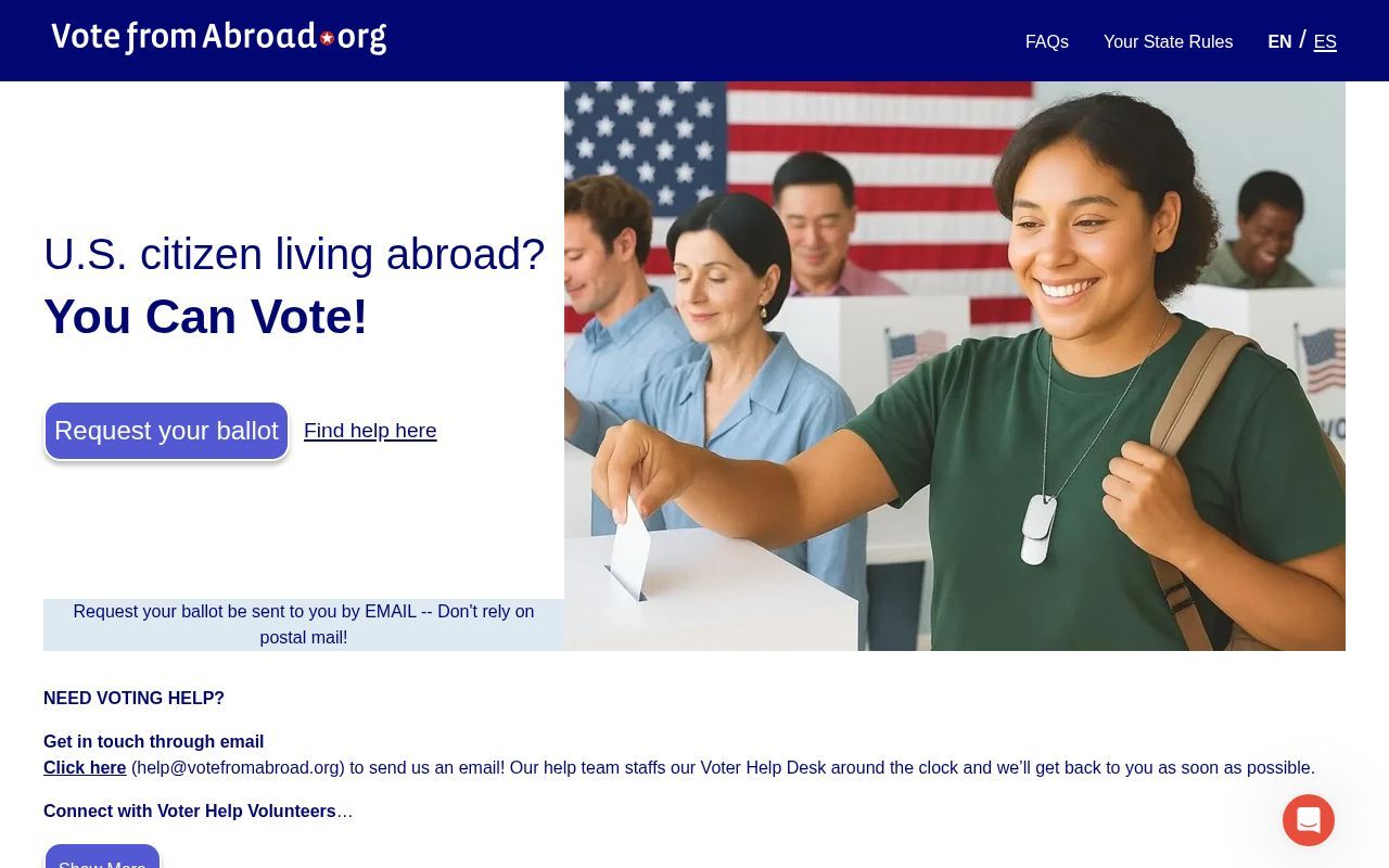 Homepage screenshot of votefromabroad.org