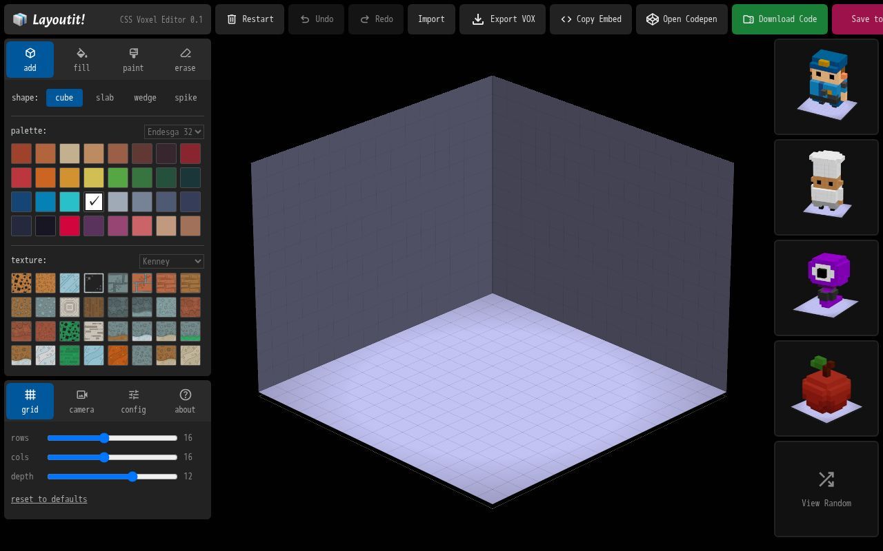Homepage screenshot of voxels.layoutit.com
