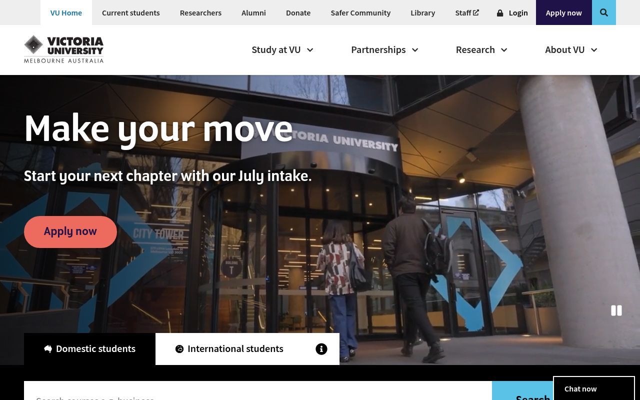 Homepage screenshot of vu.edu.au