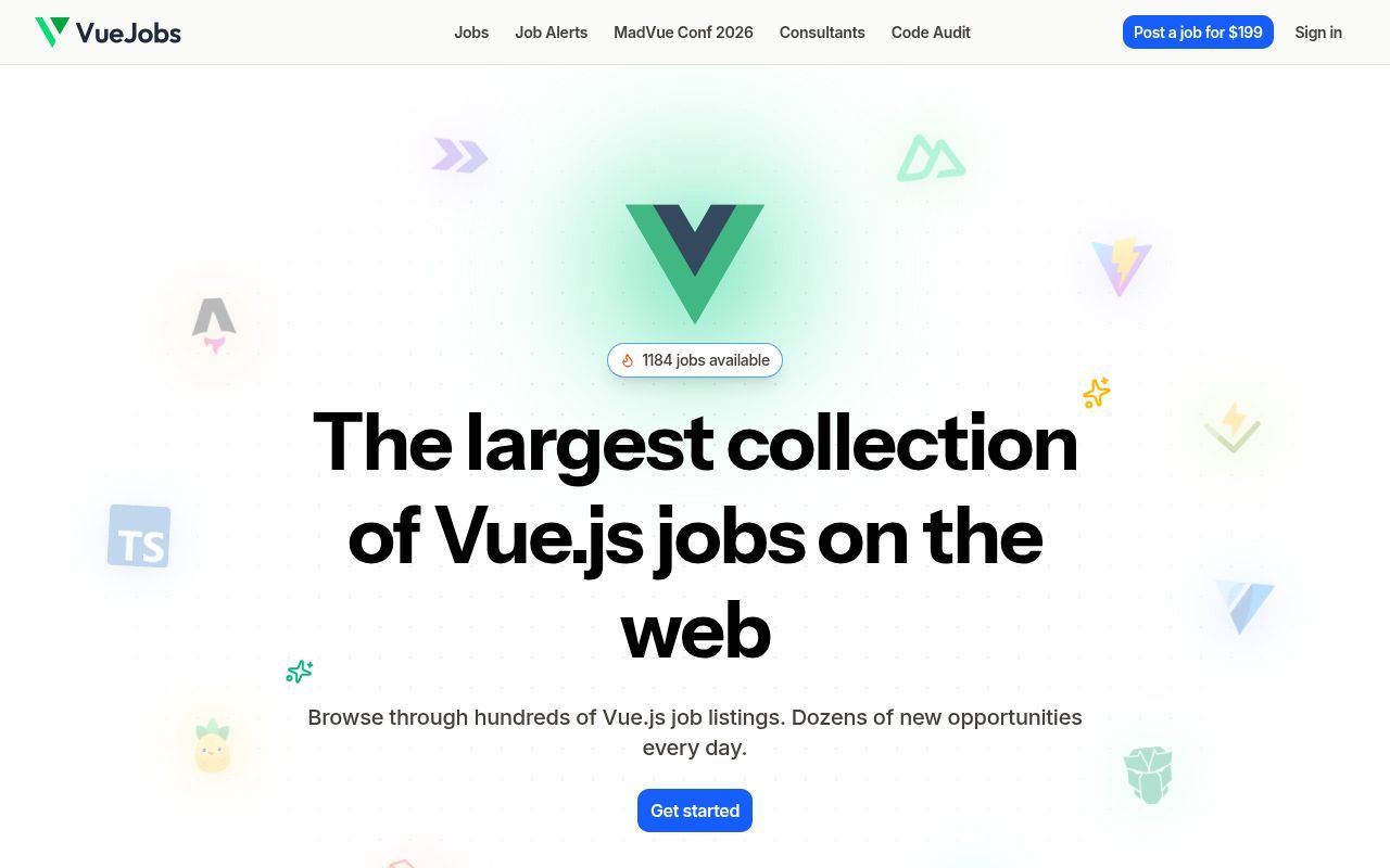 Homepage screenshot of vuejobs.com