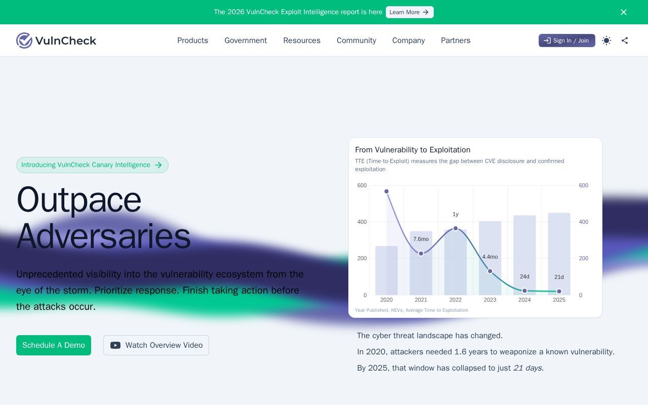 Homepage screenshot of vulncheck.com