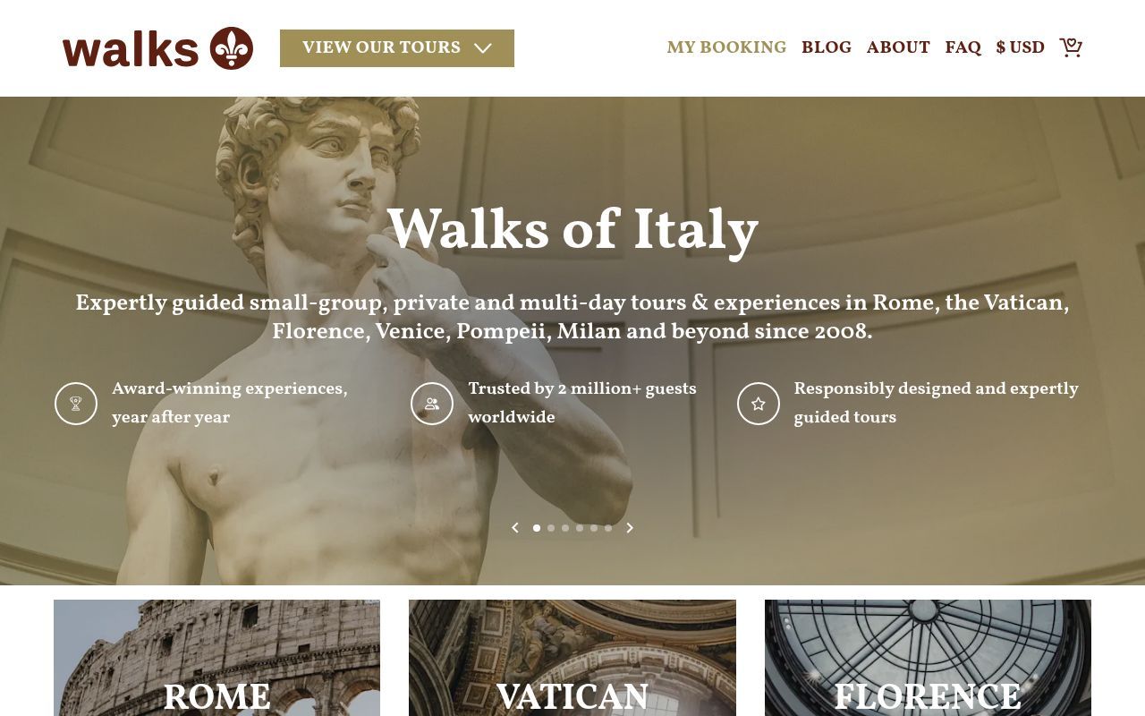 Homepage screenshot of walksofitaly.com