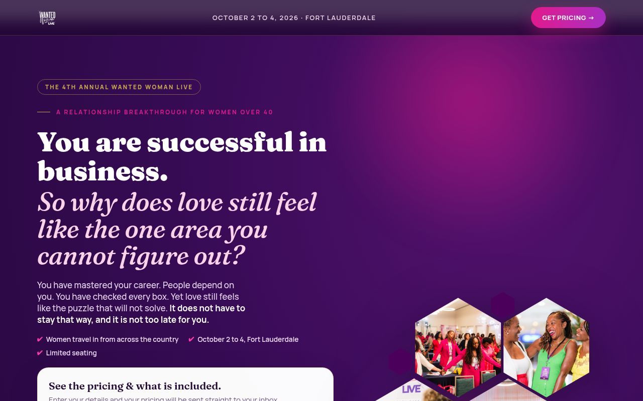 Homepage screenshot of wantedwomanlive.com