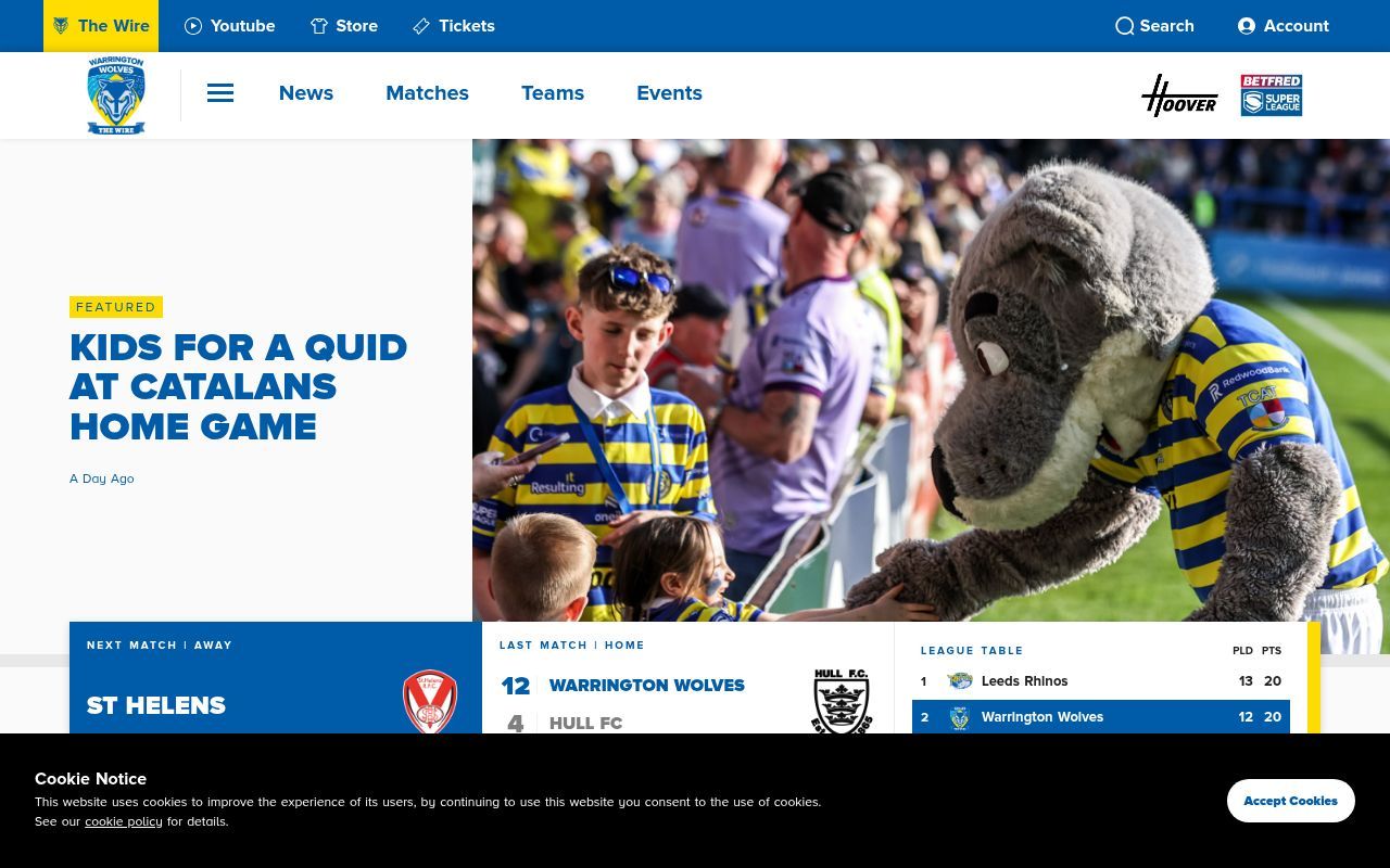 Homepage screenshot of warringtonwolves.com