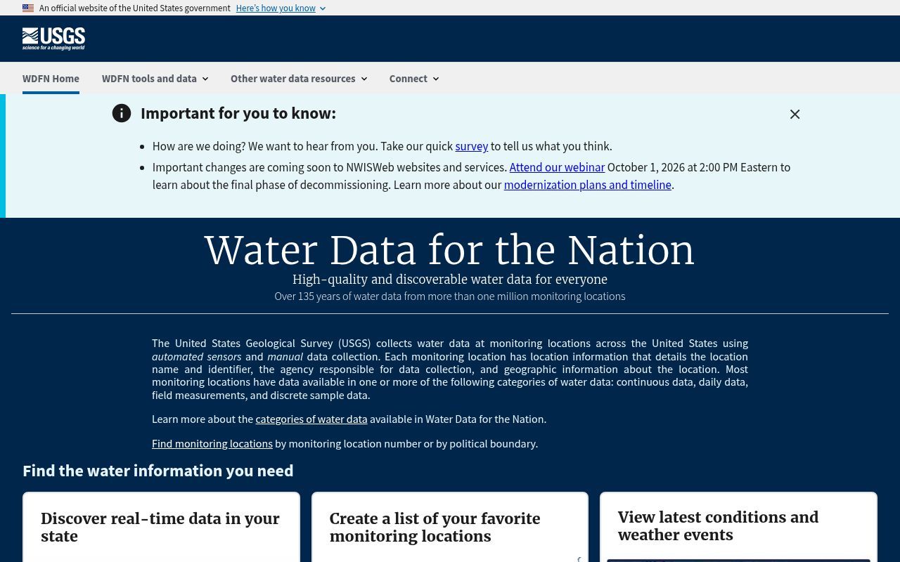 Homepage screenshot of waterdata.usgs.gov