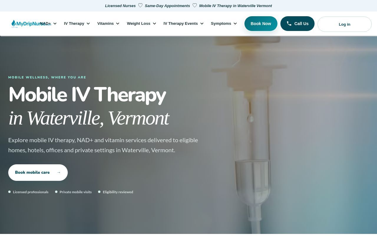 Homepage screenshot of waterville-city-vt.mydripnurse.com