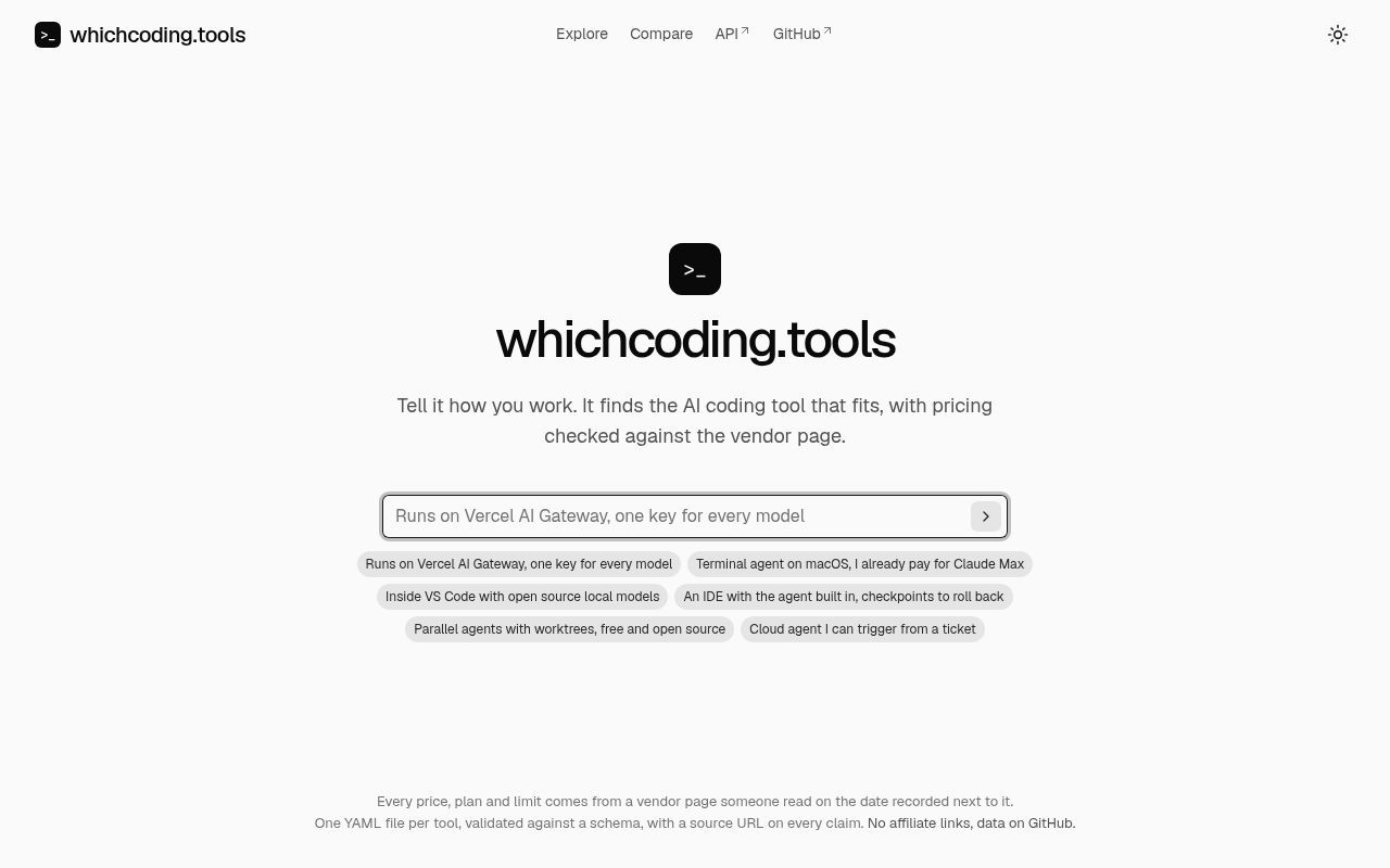 Homepage screenshot of whichcoding.tools