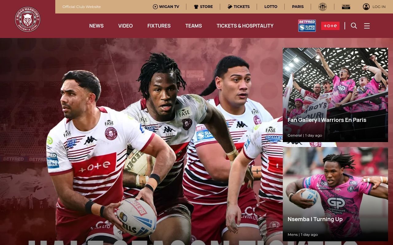 Homepage screenshot of wiganwarriors.com