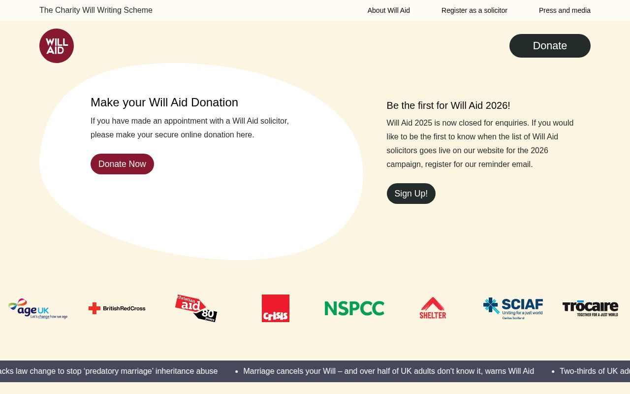 Homepage screenshot of willaid.org.uk