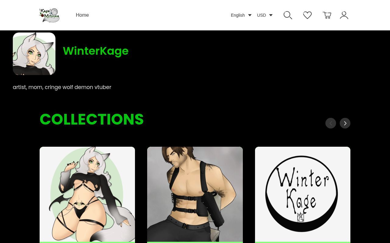 Homepage screenshot of winterkage.artiststore.com