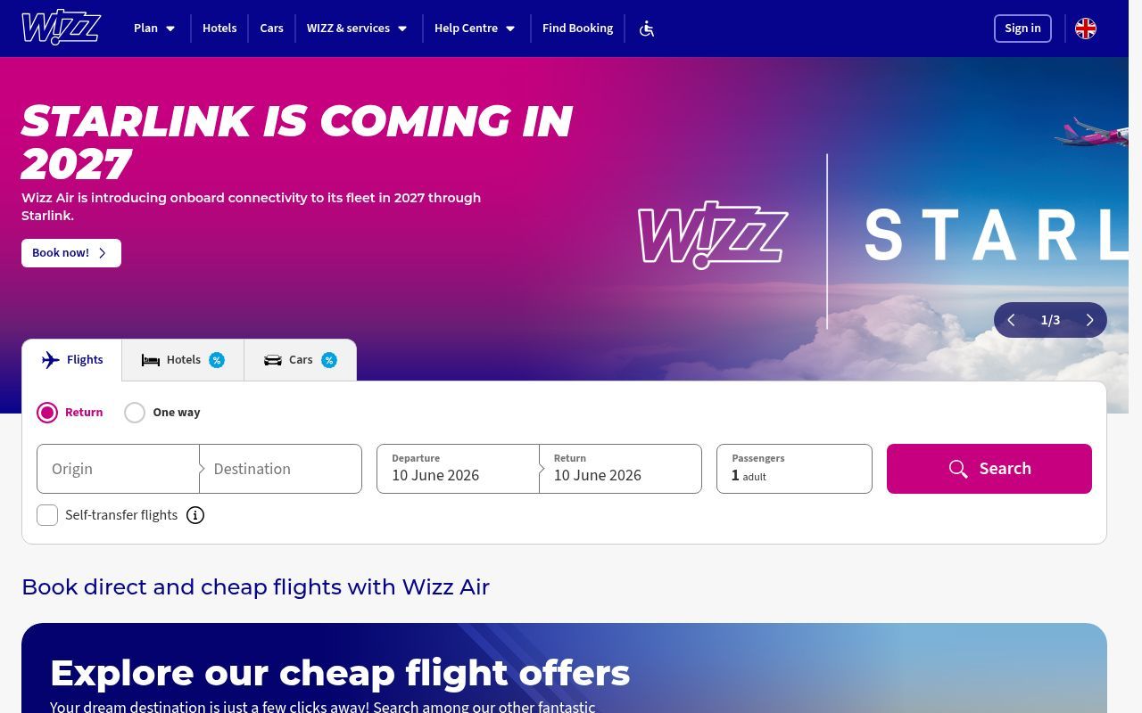 Homepage screenshot of wizzair.com