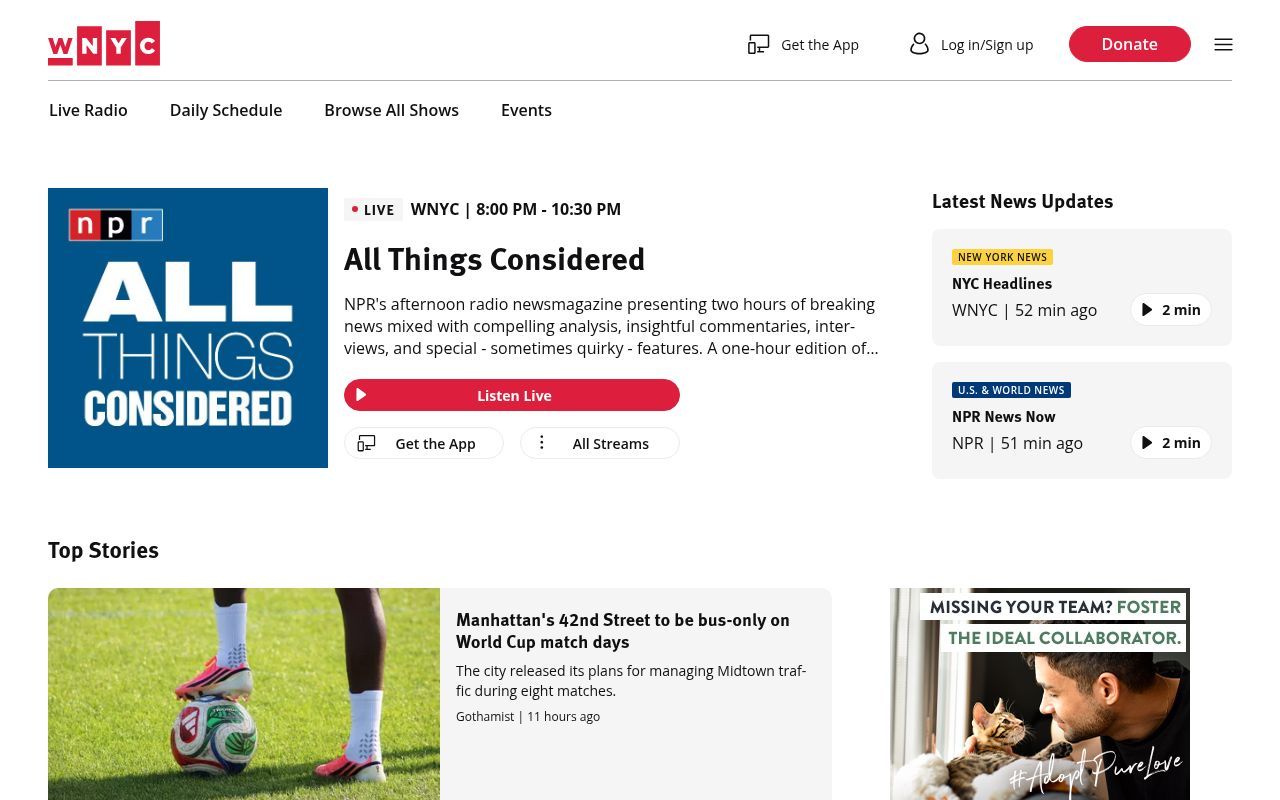 Homepage screenshot of wnyc.org