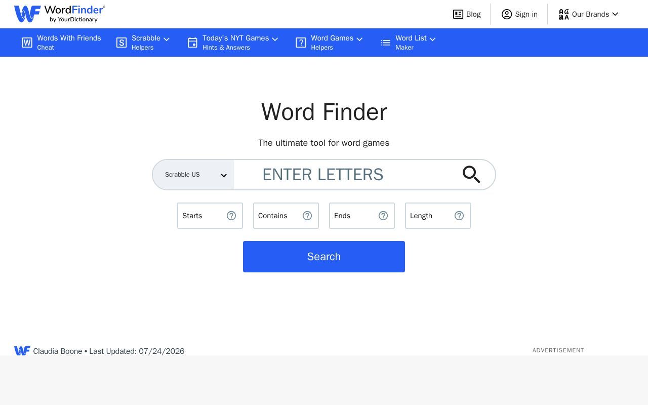 Homepage screenshot of wordfinder.yourdictionary.com