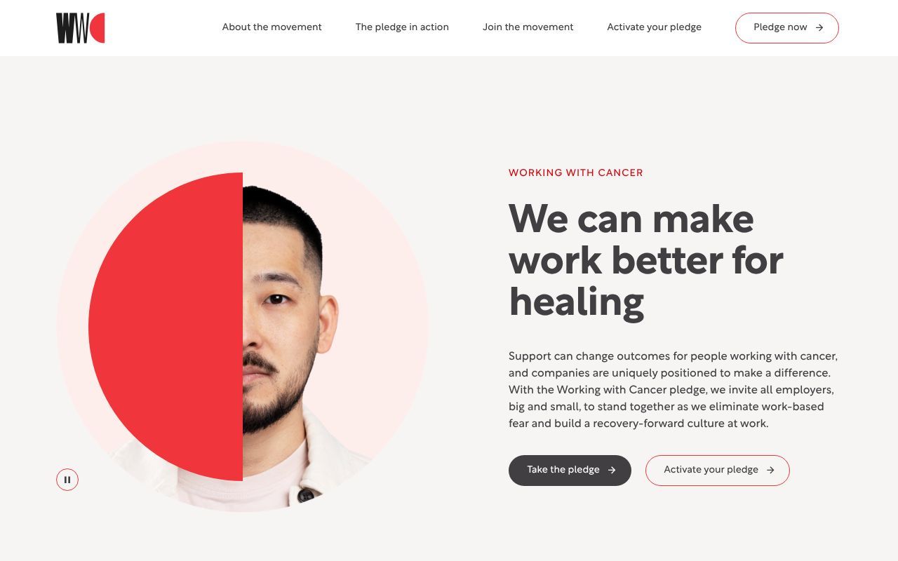 Homepage screenshot of workingwithcancerpledge.com