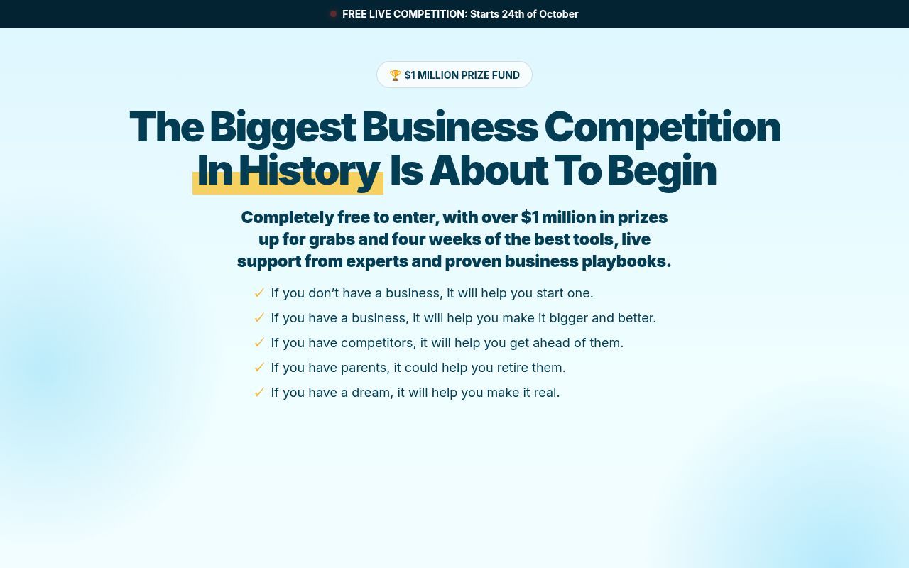 Homepage screenshot of worldsbiggestbusinesscompetition.com