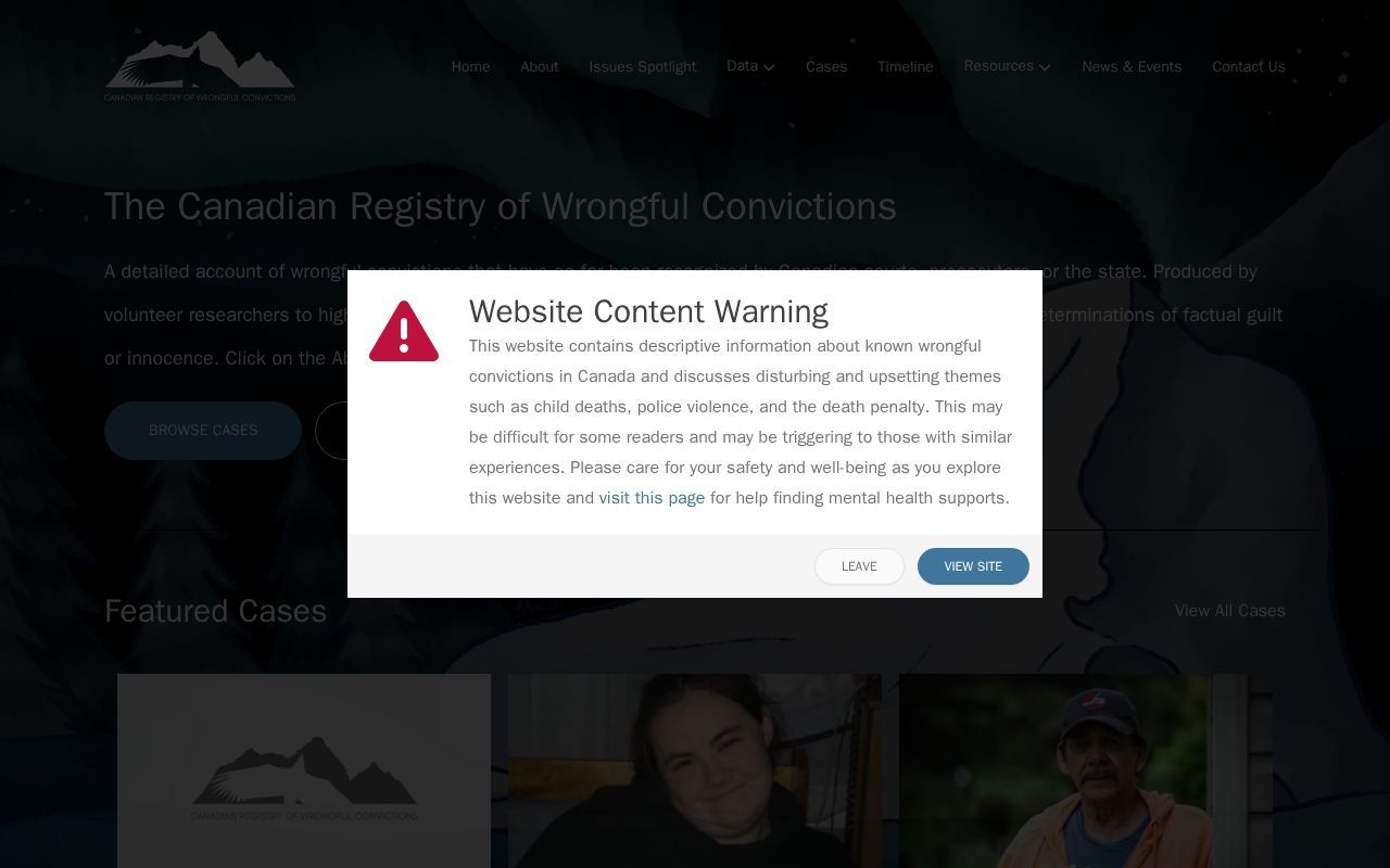 Homepage screenshot of wrongfulconvictions.ca