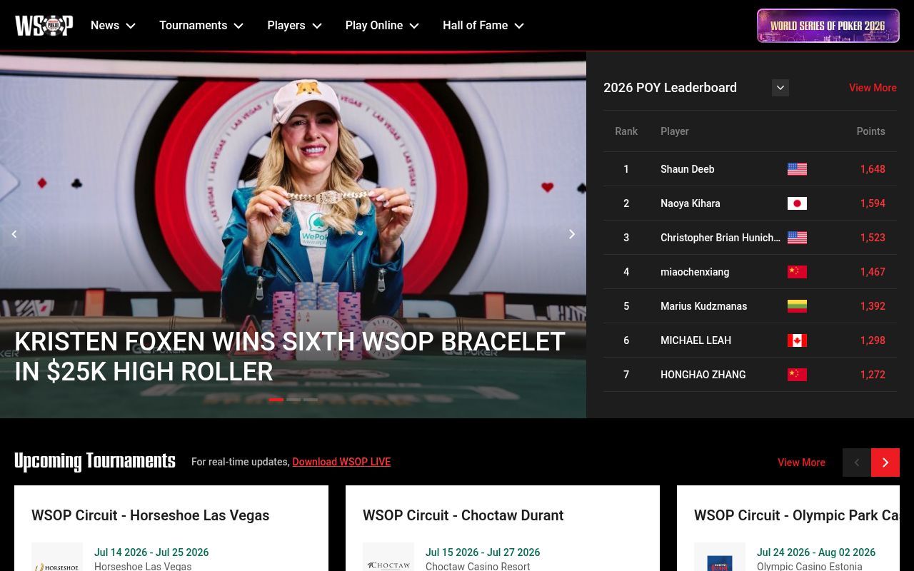 Homepage screenshot of wsop.com