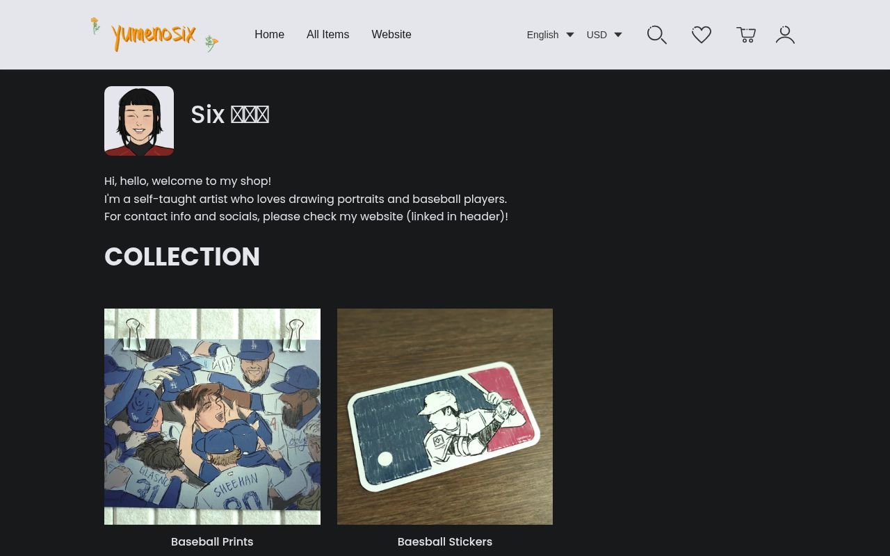 Homepage screenshot of yumenosix.artiststore.com