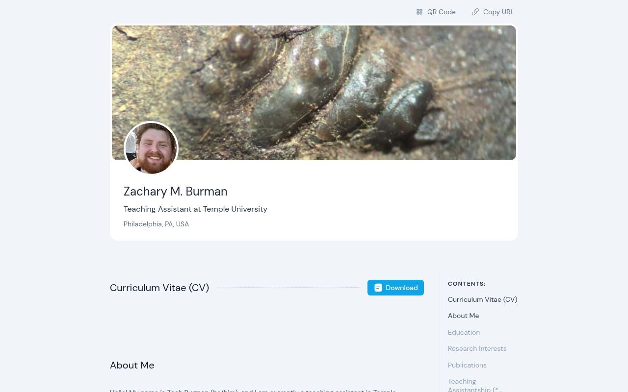 Homepage screenshot of zacharyburman.faculty.bio
