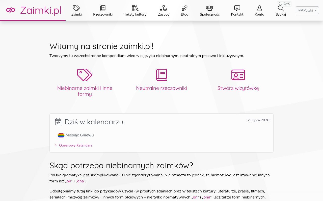 Homepage screenshot of zaimki.pl
