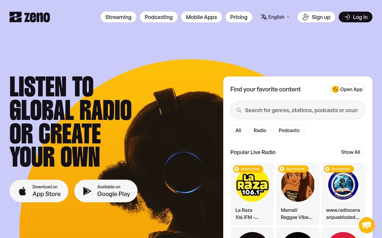 Homepage screenshot of zeno.fm