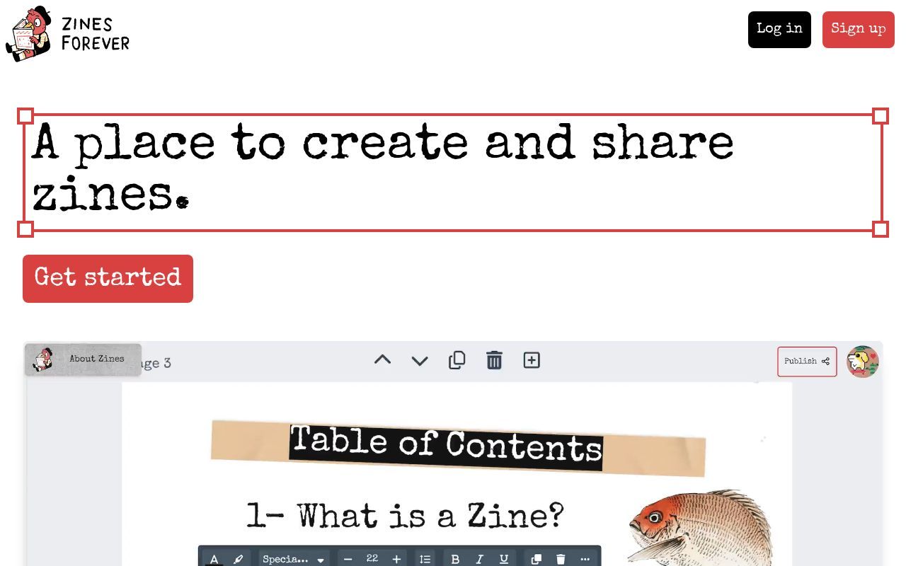 Homepage screenshot of zinesforever.com