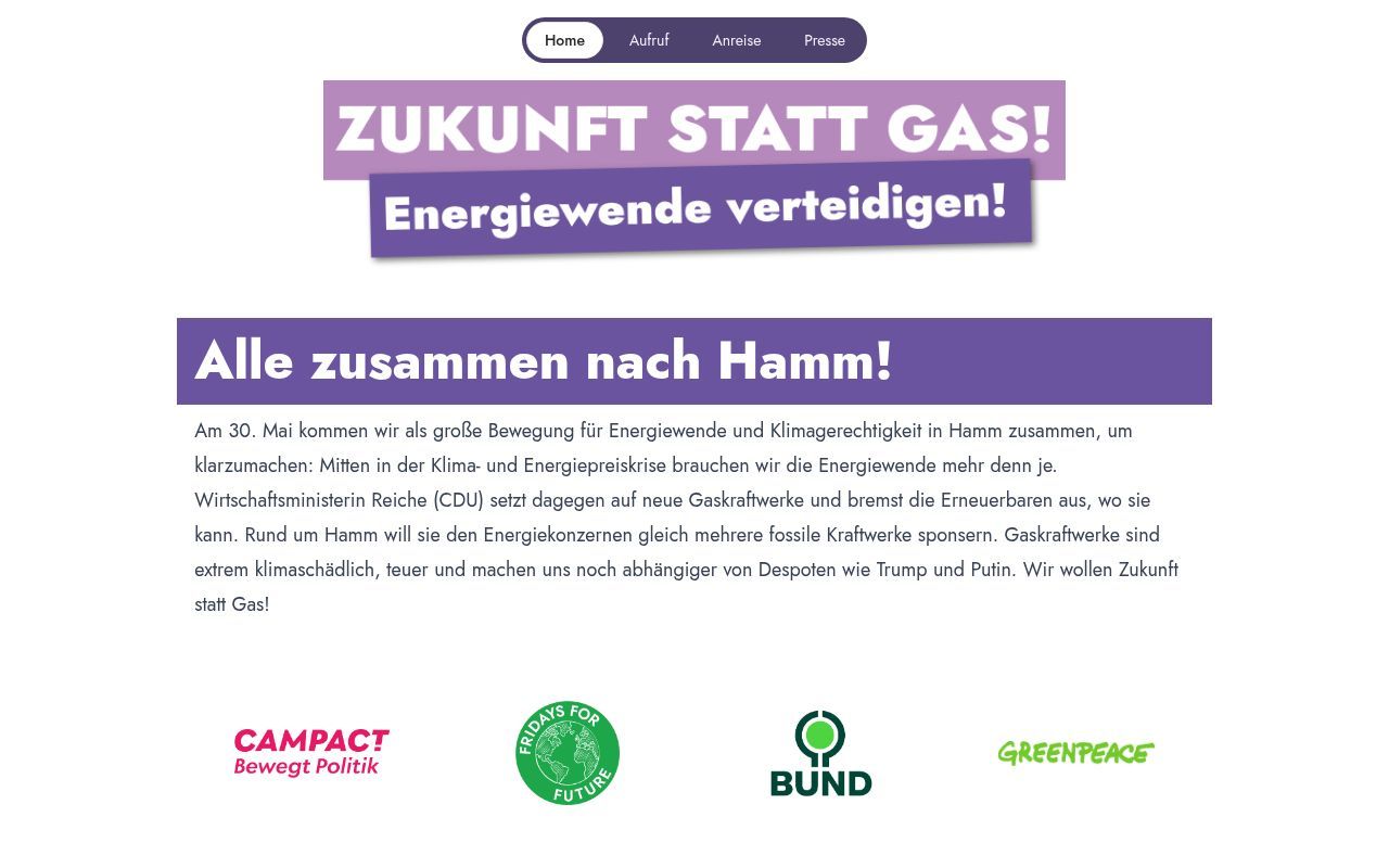 Homepage screenshot of zukunftstattgas.de