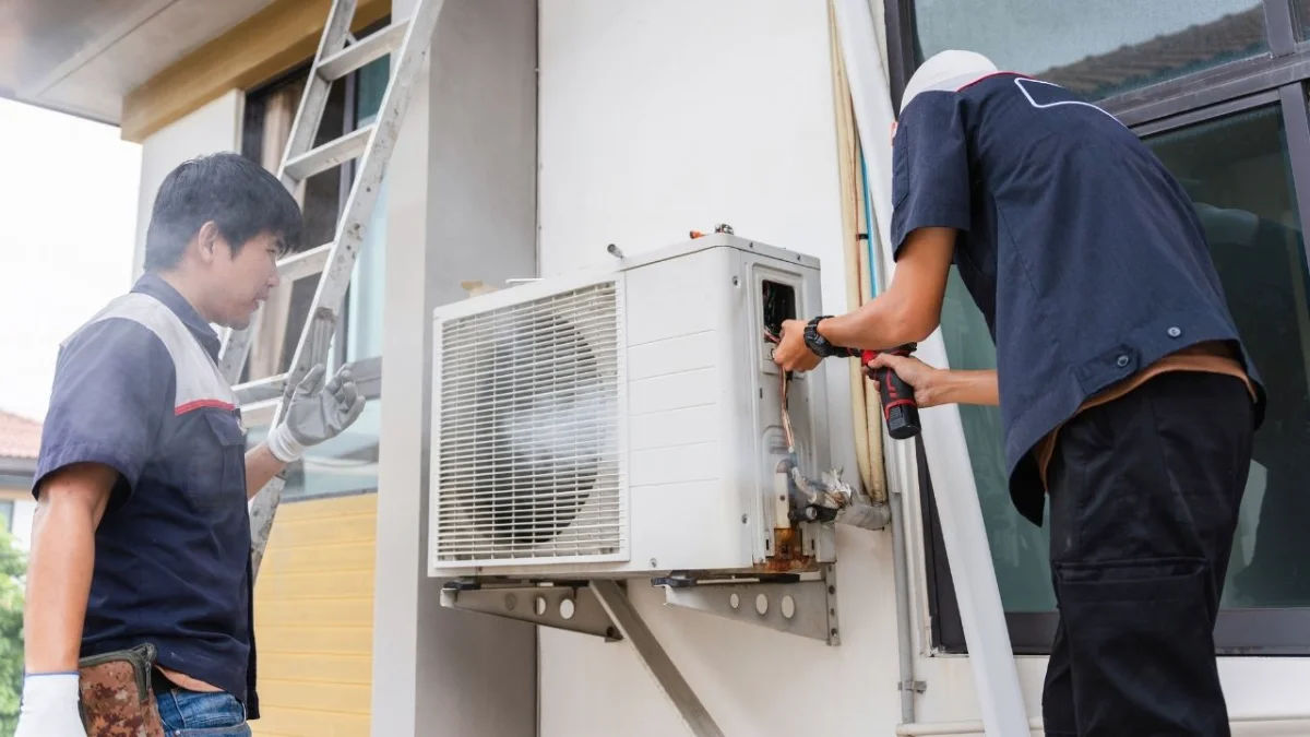 Technician repairing an air conditioner unit outdoors, wearing a facemask and using a manifold gauge.