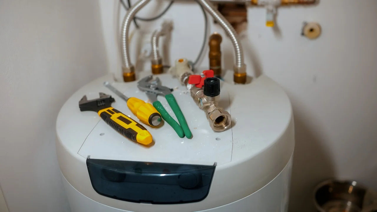 Close-up of hands adjusting a boiler system with precise instrumentation, showing maintenance work.