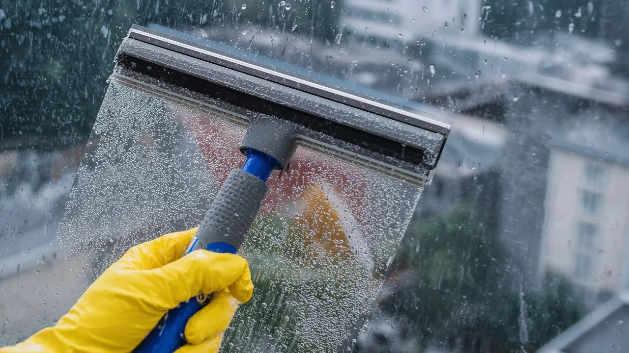 A municipal worker power washing stone steps outdoors, ensuring cleanliness and maintenance.